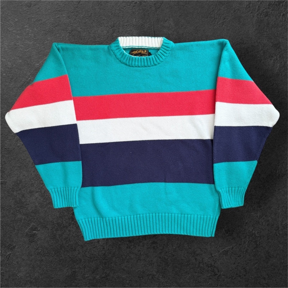 Vintage Eddie Bauer Knit Sweater Mens Small Striped Cotton Teal Red Warm